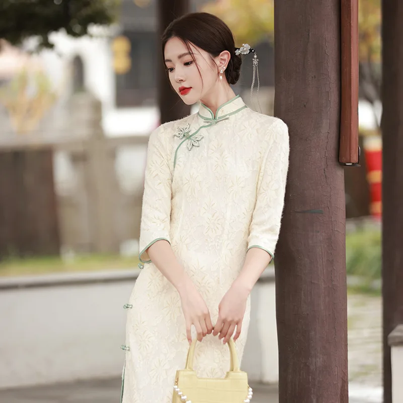 

Осеннее комбинированное кружевное улучшенное платье-Ципао Yourqipao, тостов в стиле ретро, Элегантное длинное вечернее платье в китайском стиле для женщин