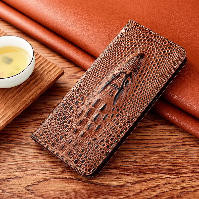 

Phone Case For OPPO A57S A57e A17 A77s A17K A58 A1 Pro Crocodile Head Genuine Leather Magnetic Flip Cover