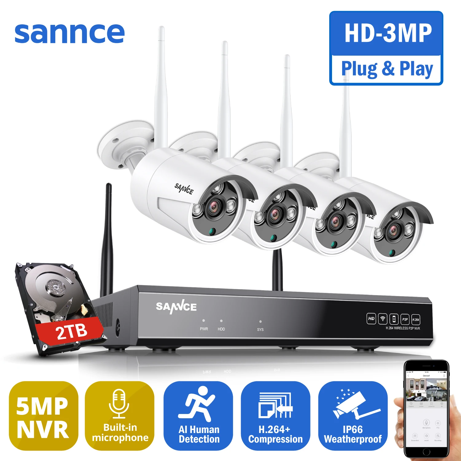 

SANNCE 8CH 3MP HD Wifi NVR 2 ТБ HDD система камер видеонаблюдения 3MP Водонепроницаемая беспроводная камера безопасности 4/6/8 комплекты камер наблюдения