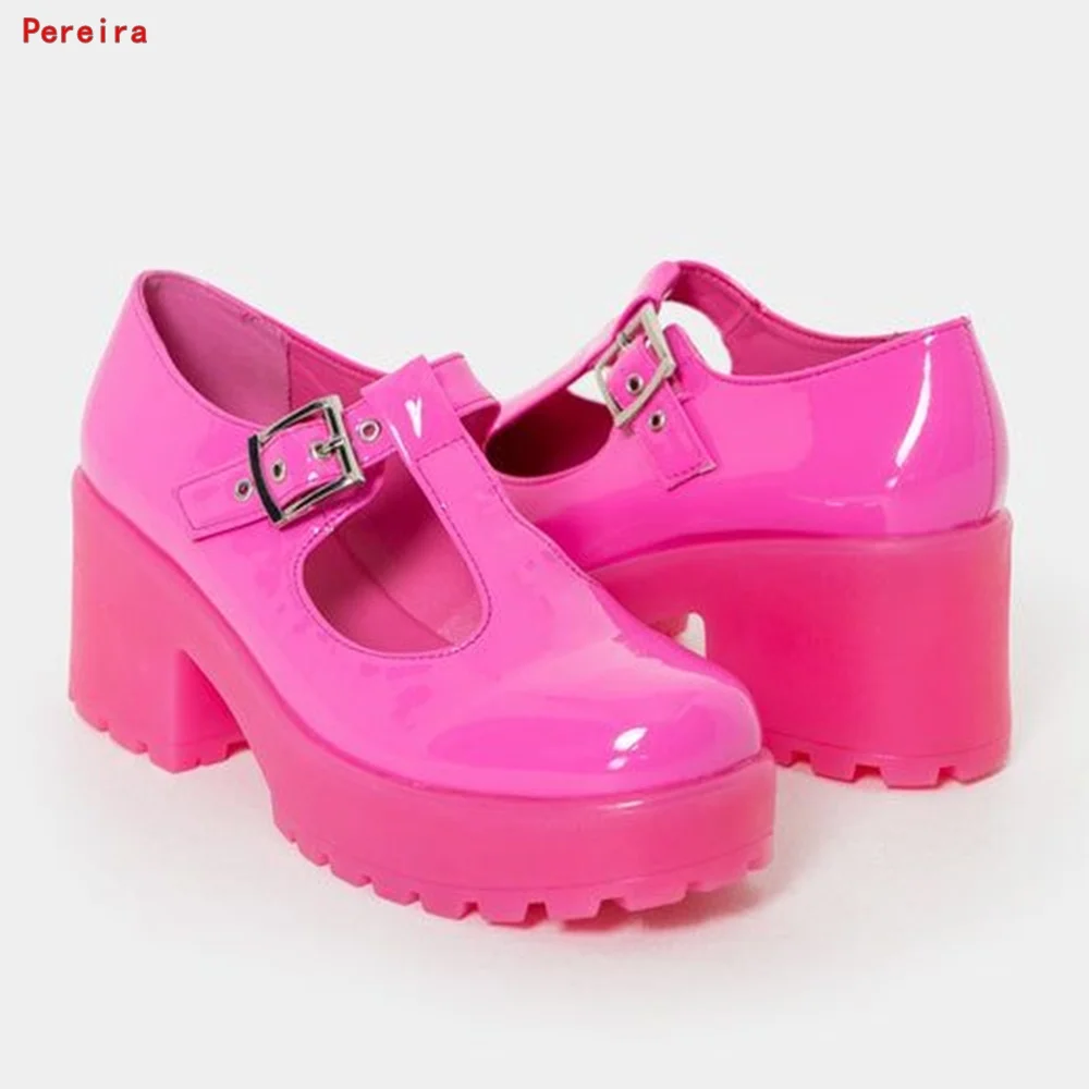 

Pink Mary Jane Pumps Summer 2022 Women's Solid Hollow Round Toe Chunky Heel Ankle Buckle Patent Leather Fashion Elegant Shoes