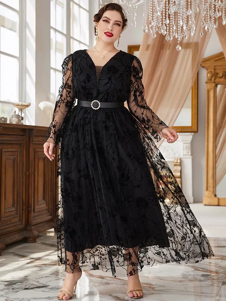Women Plus Size Maxi Dresses 2023 New Spring Autumn Luxury Chic Elegant Long Sleeve Print Muslim Turkish Evening Party Clothing