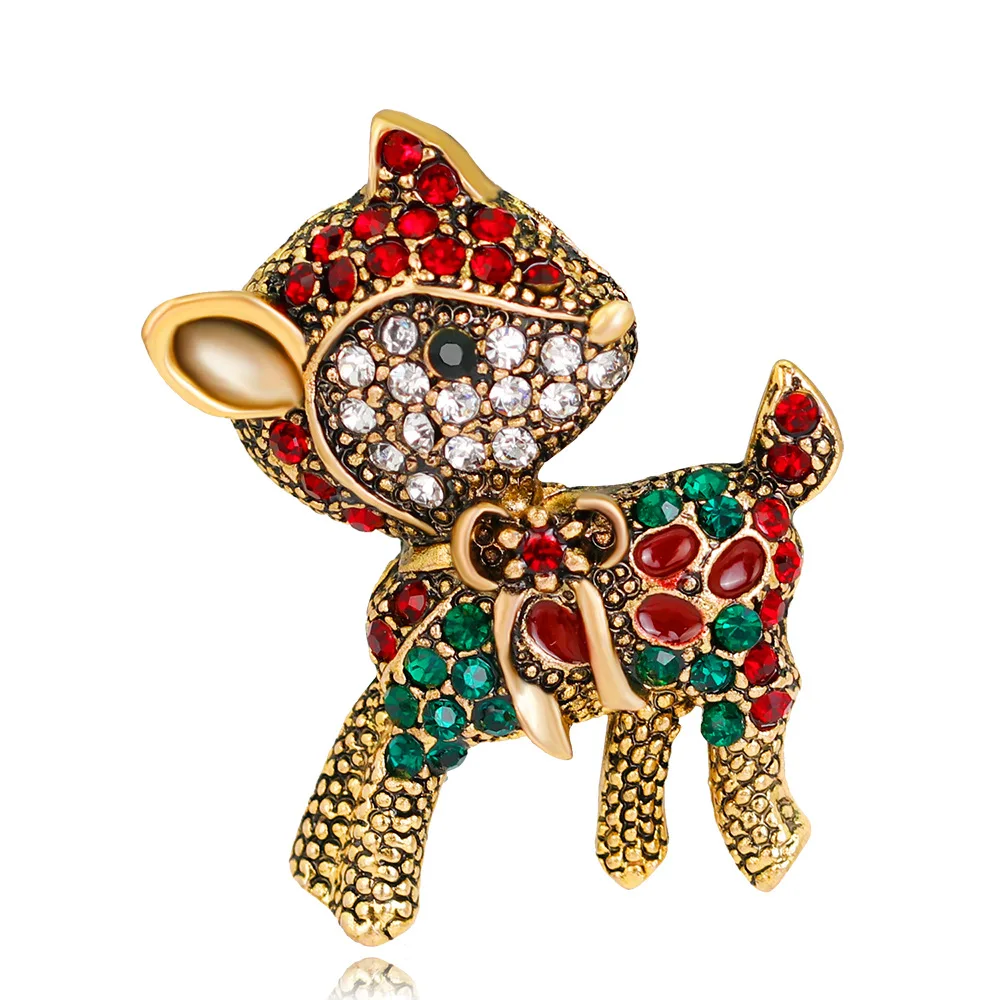 

European and American Christmas Deer Brooches for Women Red Green Rhinestone Enamel Pin Cute Animal Brooch Party Jewelry Gifts