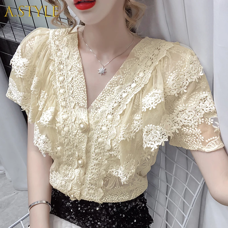 

A GIRLS Floral Crochet Summer Blouse Women V-Neck Short Casual Vintage Pearls Buttons Lace Mesh Shirts Tops Office Lady Z253