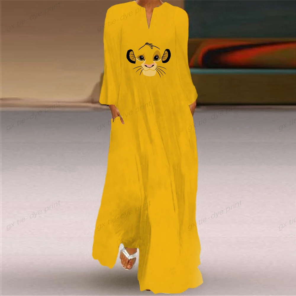 

Женское платье с длинным рукавом, длинное осеннее платье с принтом короля льва, V-образным вырезом и карманами, в богемном стиле ретро, 2022