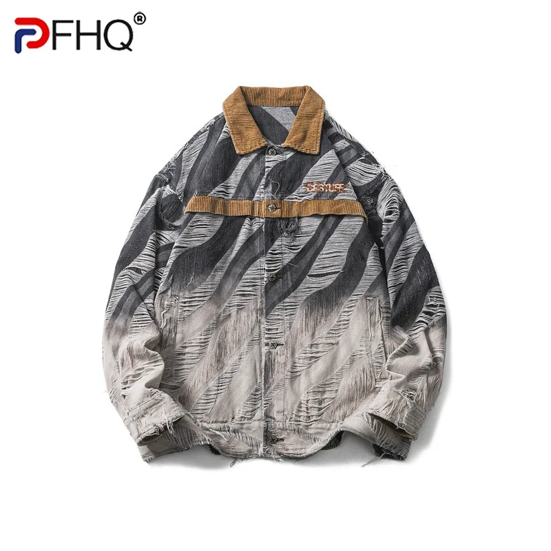 

PFHQ Male Corduroy Splice Jackets American Worn Out Denim Gradient Color Wearproof Camping Design Autumn Creativity Coat 21Z1927