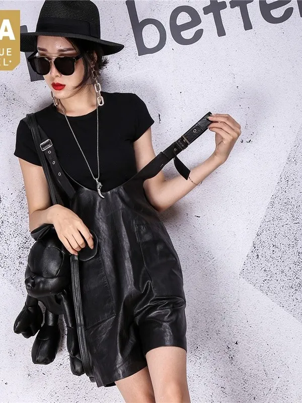 

Sheepskin High Real Quality Women Straps Bib Shorts Streetwear Overalls Female Casual Loose Fit Genuine Leather Shorts Rompers