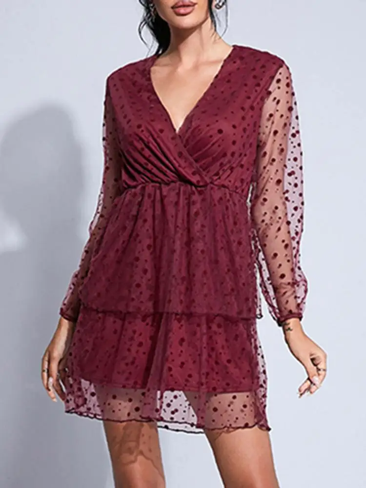 

Celmia 2022 Summer Bohemian Dress Sexy Polka Dot Elegant Women Waisted Short Mini Vestido V Neck See Through Mesh Party Sundress