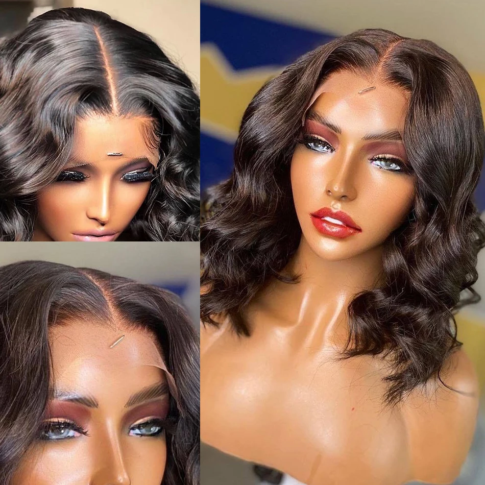 

Cheap Body Wave Short Bob Wigs Lace Front Brazilian Human Hair Remy 4x4 Bob Wig Loose Wave Pre Plucked 150 Density 8-14inch