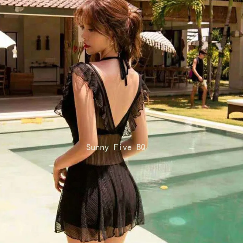 

(BQ)Goddess Swimsuit New Small Chest Gathered Backless Conservative Skirt Hot Spring Swimsuit high waisted bikini