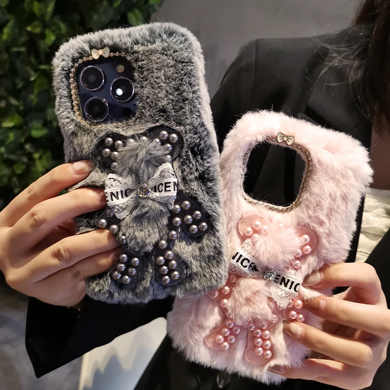 

Style Plush Pearl Bear Phone Case for IPhone 14 Pro Max Luxury Diamond Fall Proof 14plus Lens Diamond Inlaid Protective Case