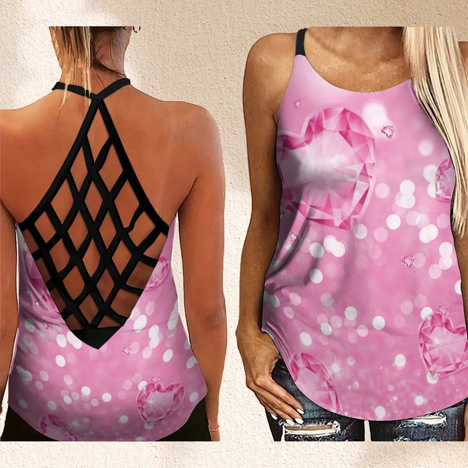 

Women's Fashion Backless Sleeveless Hollow Out Hearts Diamonds Sparkle Print Criss Cross Tank Top Women Tank Top XS-8XL