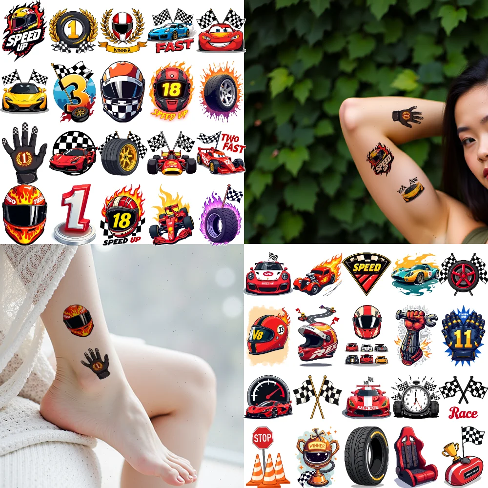 Фото 63 шт. временные татуировки гоночный автомобиль татуировки временные татуировки наклейки клетчатый флаг татуировки мультфильм для женщин щек №4