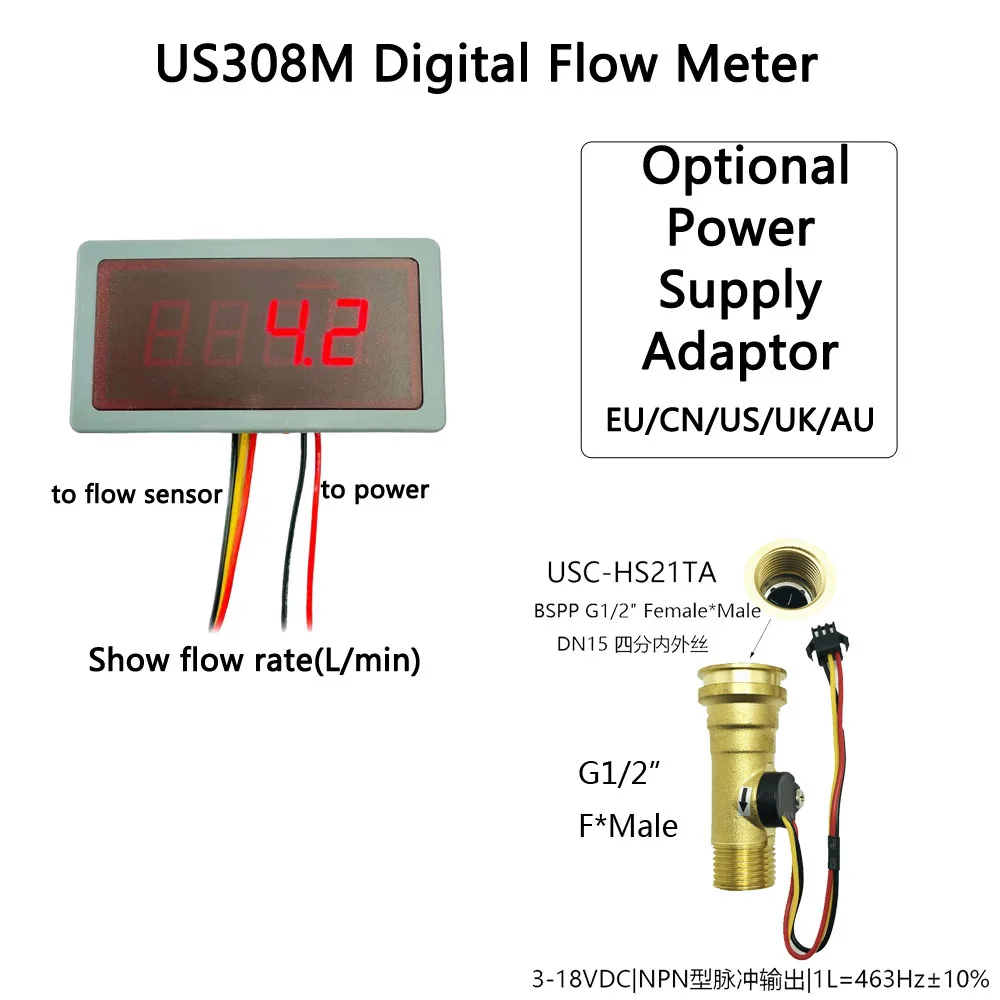 

12V US308M Flow Totalizer+USC-HS21TA 1-30L/min G1/2" Flow Rate Display and Frequency Counter Hall water Flow Sensor