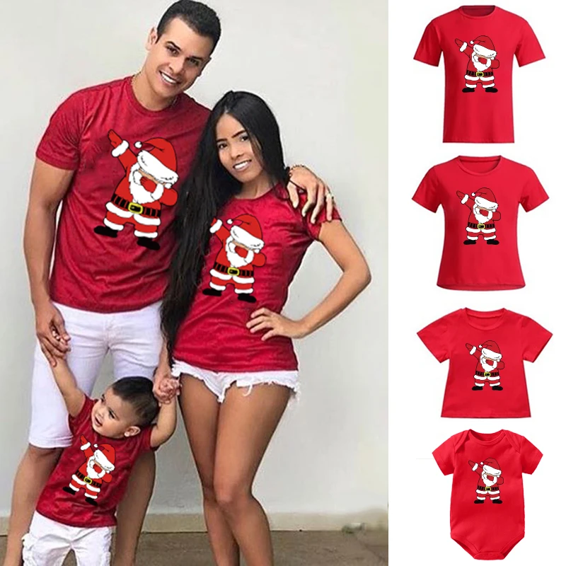 

2023 New Year Christmas Family Matching Outfits Mother Kids Short Sleeve T-Shirt Red Santa Print Mother And Daughter Clothes Set