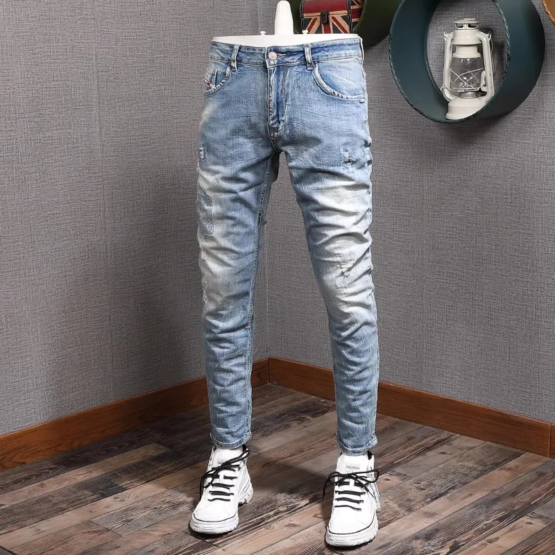 Fashion Designer Men Jeans Retro Light Blue Elastic Stretch Slim Fit Patched Ripped Jeans Men Korean Style Vintage Denim Pants