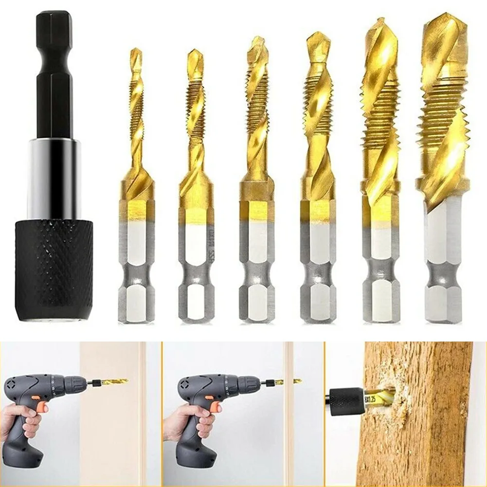 

7Pcs Combination Drill And Tap Bit Set 3-In-1 Coated Screw Tapping Bit Tool Thread Drill Bit Set M3x0.5 M4x0.7 M5x0.8 M6x1