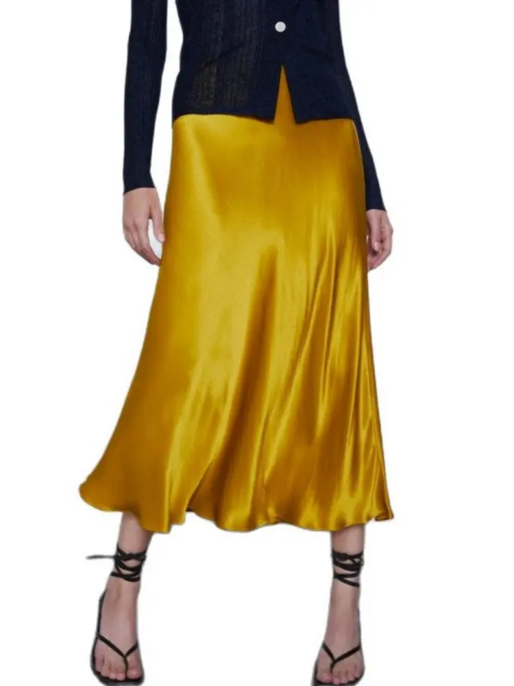 

Женская атласная юбка миди с высокой талией, длинная блестящая юбка цвета металлик из мягкого шелка с имитацией серебристого и желтого цвет...