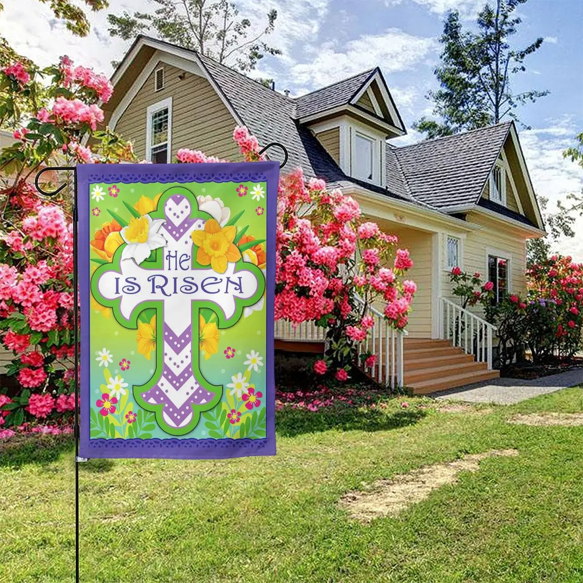 

Texupday Easter Cross He Is Risen Floral Decoration Spring House Flag Outdoor Yard Flag Garden Flag,Double-Sided Flag