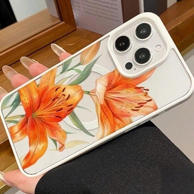 Фото Оранжевый магнитный чехол с узором в виде лилий для iPhone 17, 11, 16, 15, 14, 13, 12 Pro Max Plus, Air 17E, 16E, совместимый с беспроводной зарядкой MagSafe №3