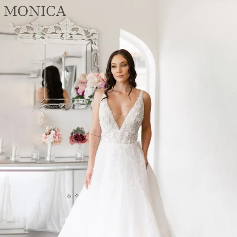 

MONICA A-LINE Wedding Dress 2022 V-Neck Sleeveless Appliques Bridal Gowns Floor-Length Court Train Vestido De Novia Custom Made