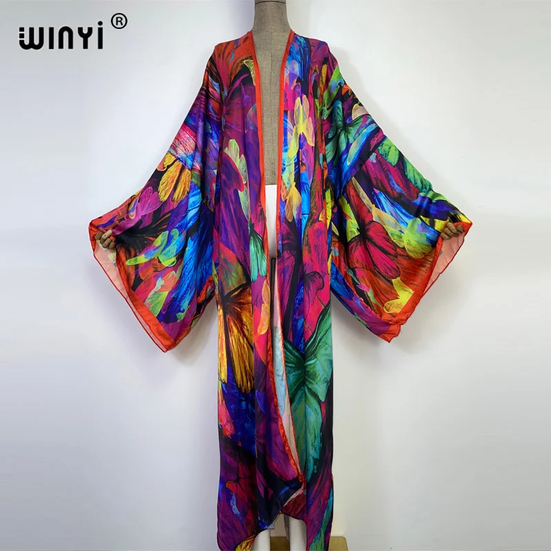 

2023 new WINYI Summer Butterfly printing Beach Wear Swim Suit elegant Africa women boho Cardigan sexy Holiday long Sleeve Kimono
