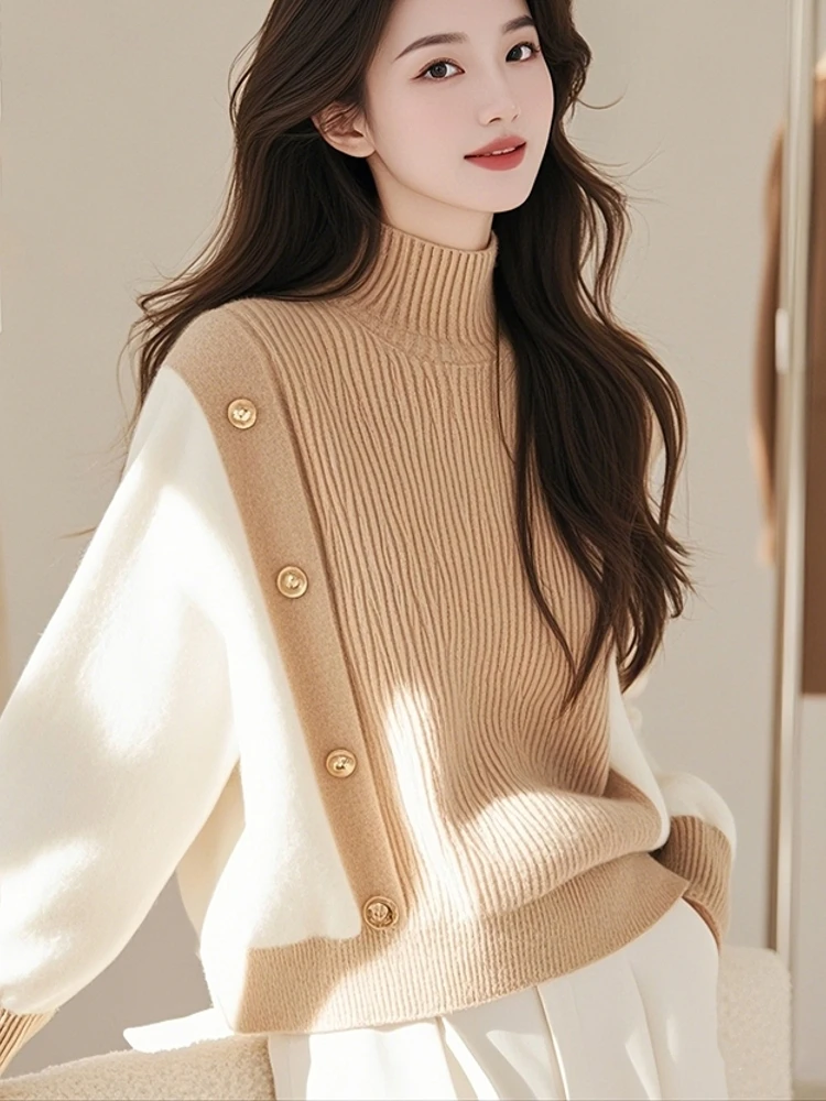 Contrast Color Turtleneck Knitwear Sweater Women clothes 2024 Autumn and Winter New Unique Design Sense Lazy Long sleev...
