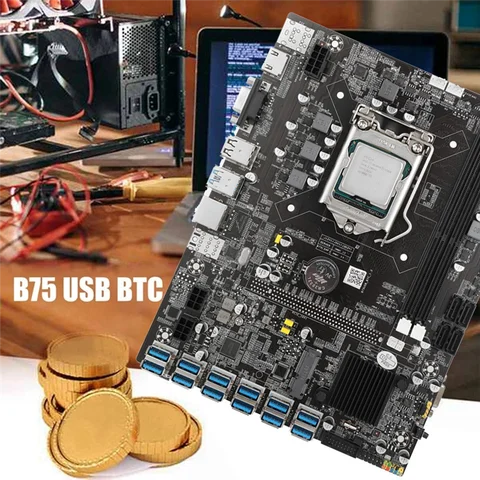 Материнская плата B75 USB BTC Miner + процессор + Оперативная память 2X4G DDR3 + Вентилятор + Кабель SATA + Кабель коммутатора + Сетевой кабель RJ45 12 PCIE/USB LGA1155 MSATA