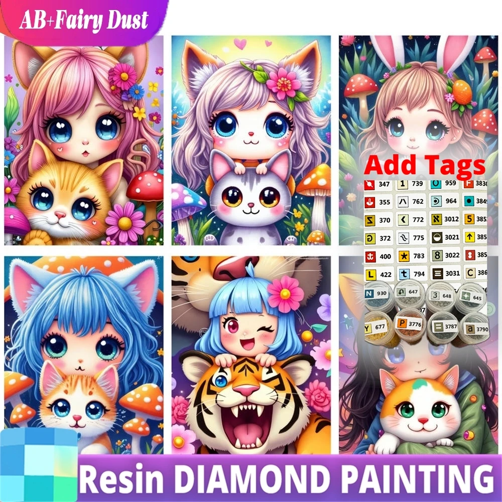 Фото Набор для алмазной вышивки Resin Fairy Dust AB: милый кот, цветочный фэнтези-дизайн, животные, 5D DIY, мозаика, стразы, декор №1