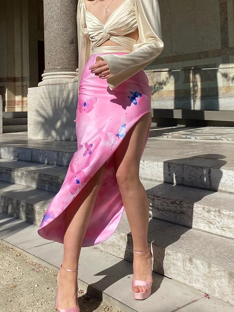 

KBAT 2022 Summer Asymmetrical korean skirt women Butterfly Print skirt vintage peplum skirt