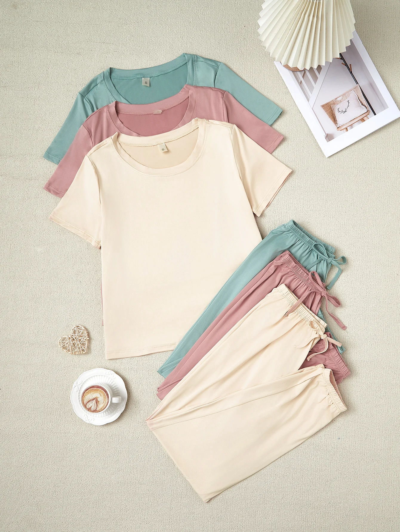 Женский Пижамный Комплект Из 6 Предметов 3 Топа С Короткими Рукавами Брюки До