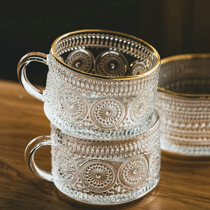 

Рельефные стеклянные чашки в скандинавском ретро-стиле Grystal, прозрачная стеклянная кружка Machiatto для молока, кофе, чашка для напитков, чая, сока, чашка с золотой линией