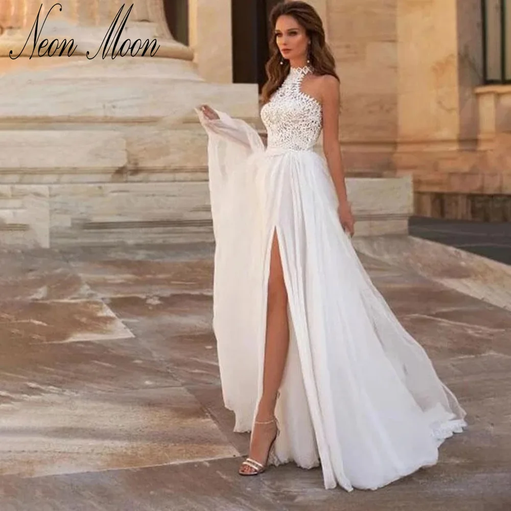 

Bohemian Halter Side Split Wedding Dresses A Line Lace Appliques Bridal Gowns Sleeveless Illusion Back Boho Vestido De Novia