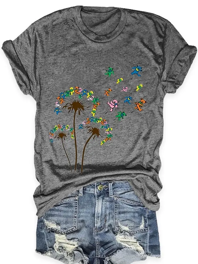 

Rheaclot Dandelion Grateful Dead Dancing Bears Women's Cotton T-shirts Female Funny Cute Tees Short Sleeves Tops