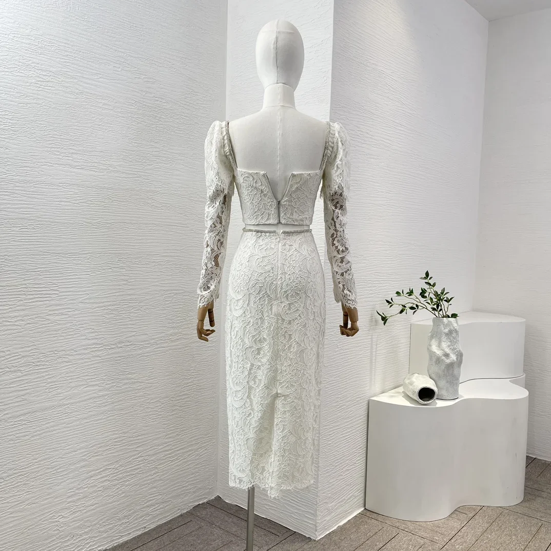 Белая кружевная Лоскутная Юбка-миди с длинным рукавом и бантом