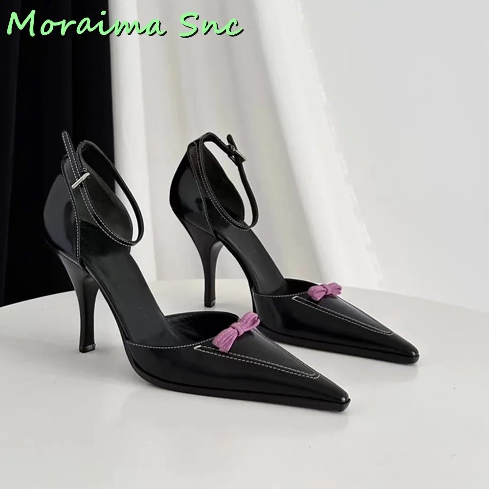 

Pointed Toe Shallow Butterfly Knot Sandals Stiletto High Heel Ankle Buckle Strap Black Solid Sexy Women Shoes Summer Concise New