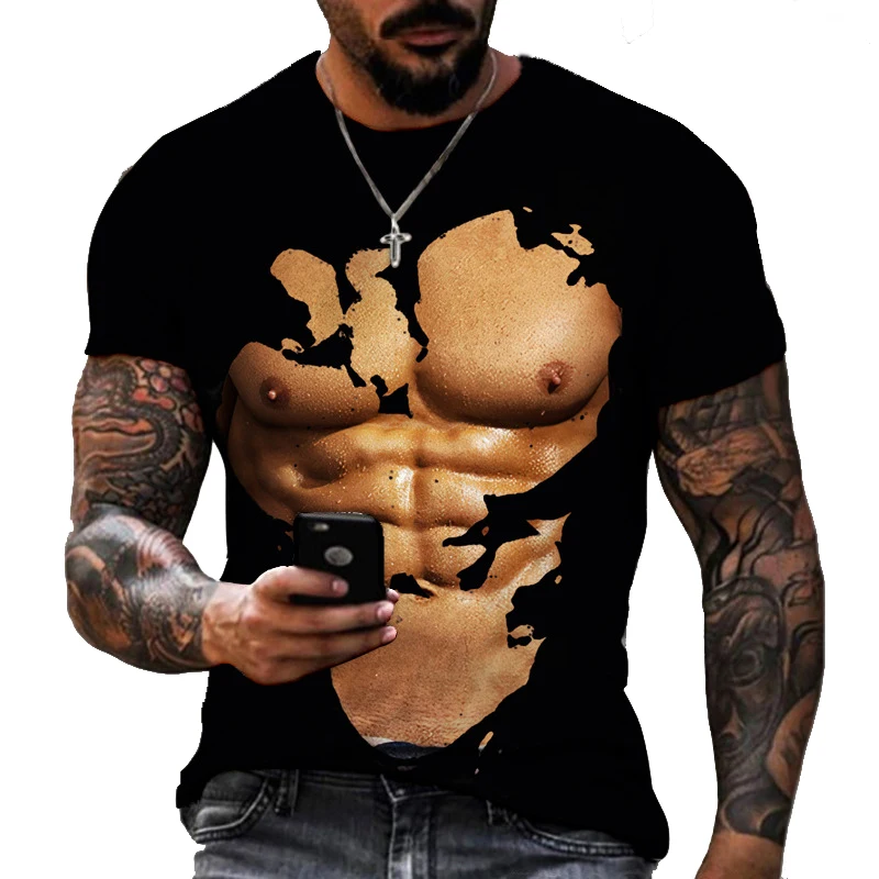 

Summer Fashion Creative Image Men's T-shirt Round Collar Short Sleeve Tops Personality Art Chest Muscle Macho Power Hercules