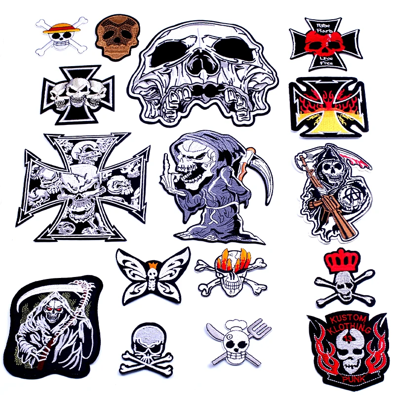 

Hippie Rock Skull cross patches Iron On Embroidered Punk Clothing fusible patch thermoadhesive custom Badges Appliques sticker