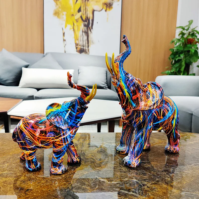 

Nordic Painting Graffiti Elephant Sculpture Figurine Art Statue Creative Resin Crafts Home Entrance Wine Cabinet Office Decorati
