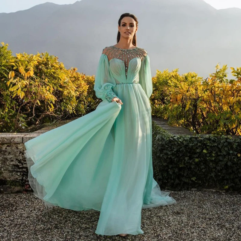 

Mint Green Chiffon Prom Dresses Sheer Round Neck A Line Maxi Gowns Bohemian Beading vestidos invitada for Wedding Guesti