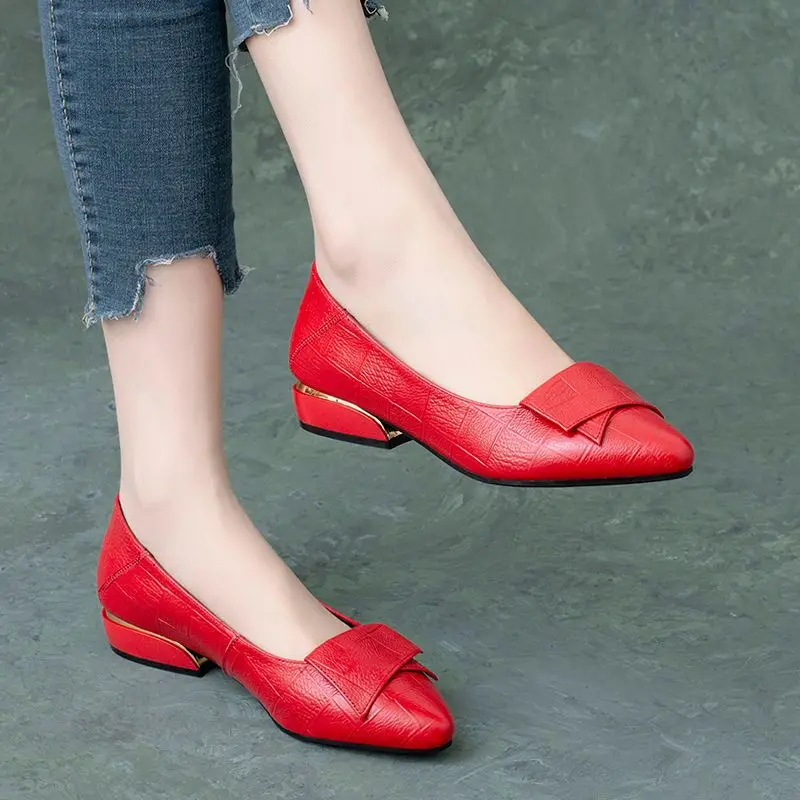 Women Flat Single Shoes PU Leather Midi Pumps Square Heels Black Red Heel Party Wedding Pointed Toe Ladies Wedges Zapatos