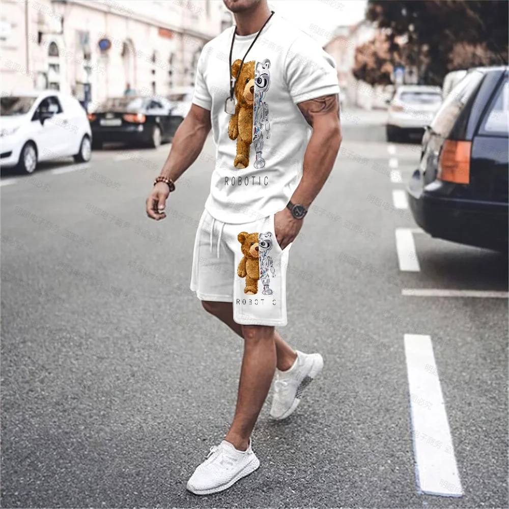 2023 Summer New Men's Round Neck Casual 3D Printed Bear T-shirt, Lace-up Shorts, Casual Sportswear Suit
