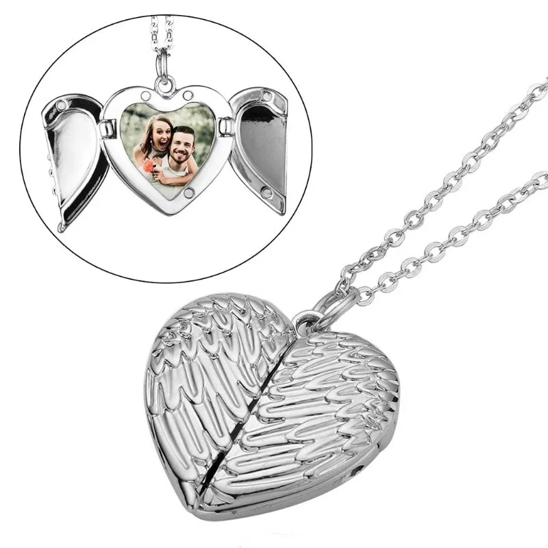 

New Angel Wings DIY Flash Memory Photo Pendant Antique Heart-Shaped Locket Souvenir Necklace Fashion Women Romantic Accessories