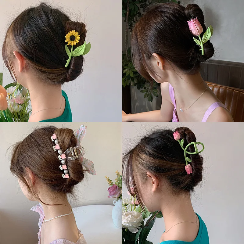 

Minar Charming Multiple Enamel Flowers Tulip Hair Claws for Women Female Sunflower Shark Clips Casual Party Hair Accessories