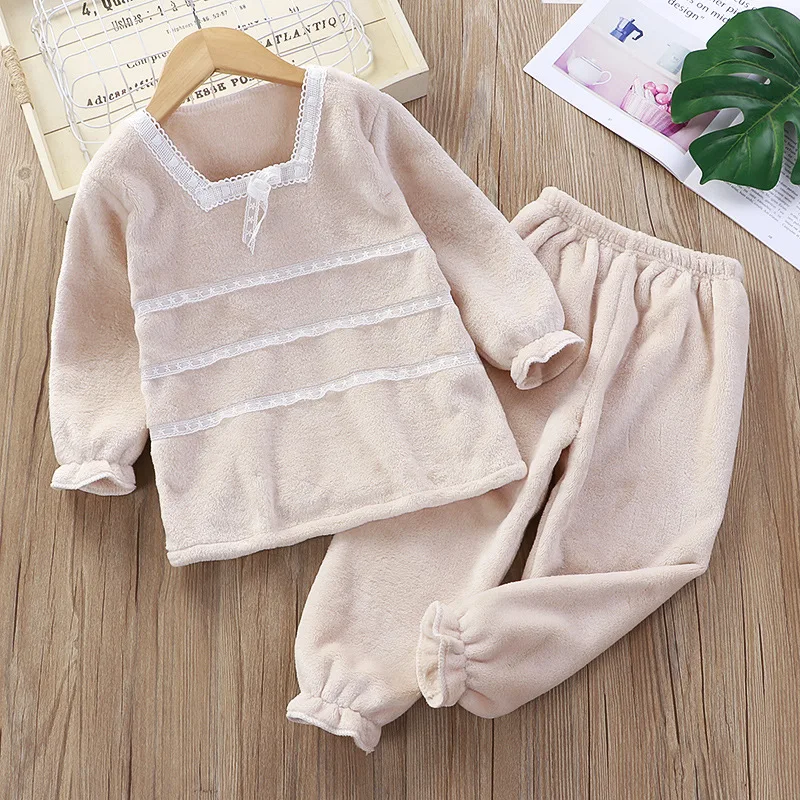 

Children's Flannel Sleepsuits Girls 2pcs Sleepwear Pijamas Gowns Fleece Home Wear Sping Autumn Winter Tee + Pants Sweatshirt