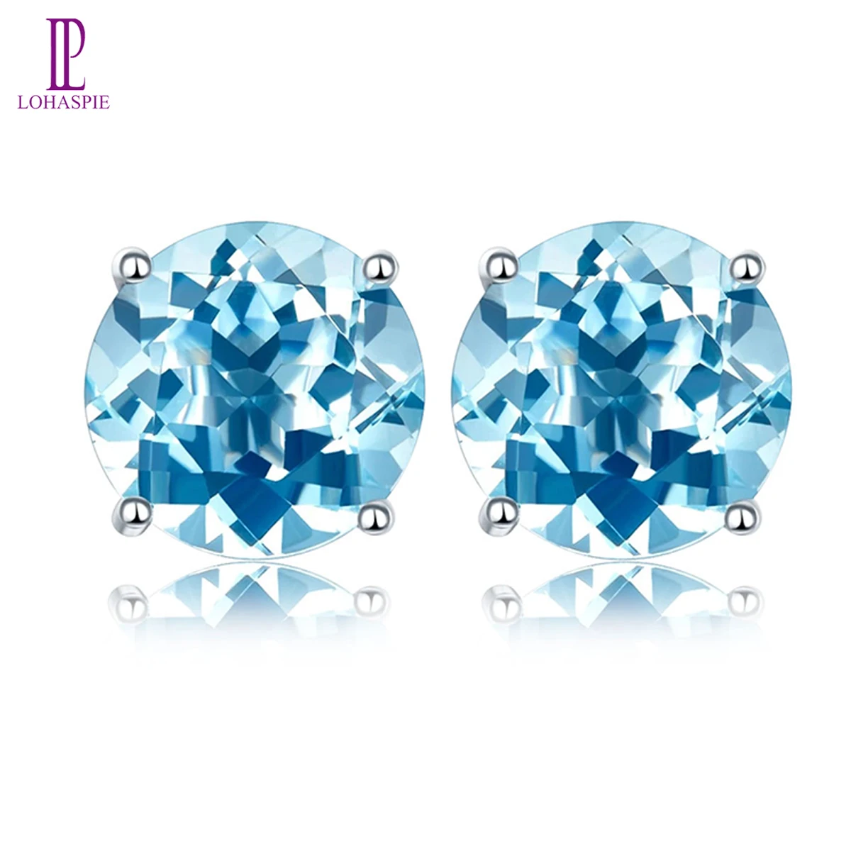 

LP Real 585 Gold Earring For Women Natural Blue Topaz Stud Earrings Solid 14K White Gold 4mm/5mm/6mm Fine Jewelry