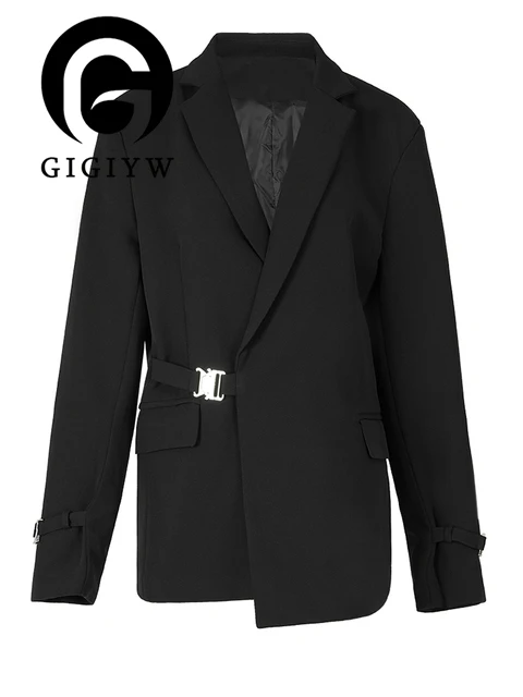 

Женский блейзер с длинным рукавом GIGIYW, Черный Асимметричный Блейзер большого размера с металлической пряжкой и лацканами, весна-осень 2023