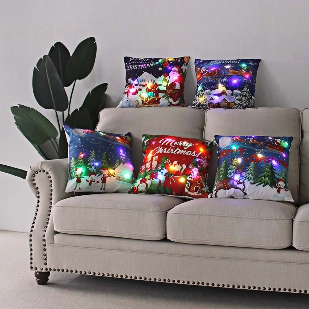 

Рождественская серия наволочек 45*45 см со светодиодсветильник кой, мягкая короткая плюшевая наволочка для дивана, для дома, гостиной, Рождес...