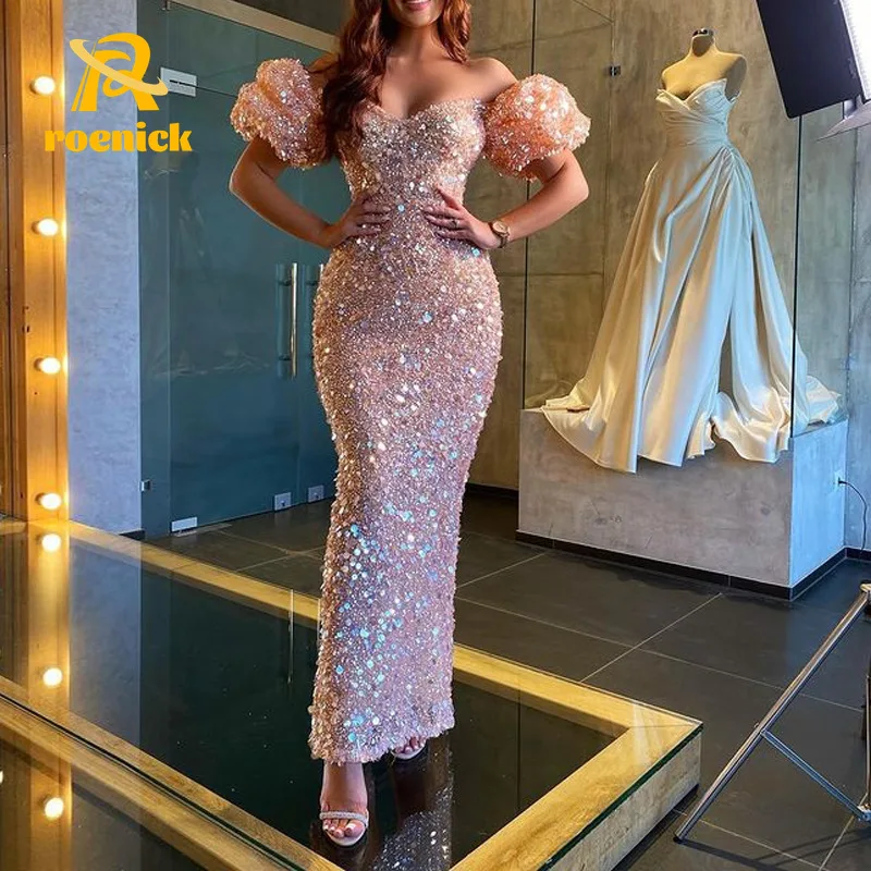 

ROENICK Women Evening Sequins Puff Sleeve Bodycon Maxi Dress Off Shoulder Backless Prom Vestidos Cocktail Party Mermaid Gowns