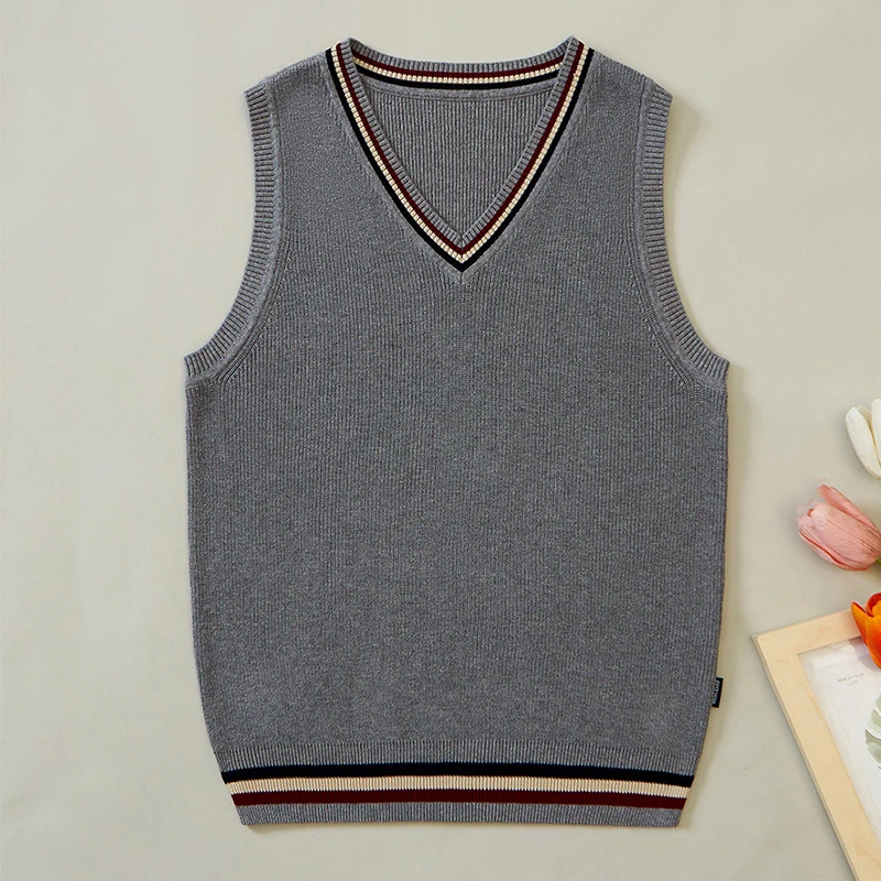 

Boys Striped Trim Sweater Vest for Boys Sleeveless V-neck Cotton Tops Kids and Teen British Style Knitted School Uniforms Vests