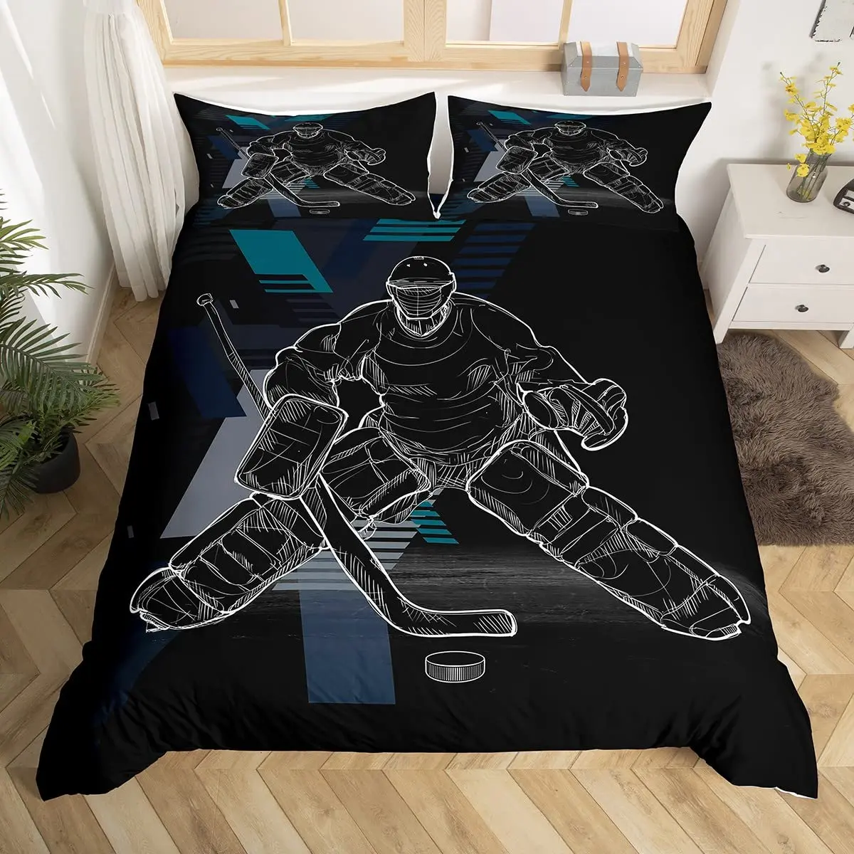 

Ice Hockey Duvet Cover Puck Hockey Player Winter Event Bedding Set Boys Sports Game Quilt Cover Black Polyester Comforter Cover